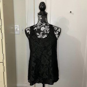 Lush Floral Sheer Tank Top Black Lace Layered Sleeveless Blouse - Size Small